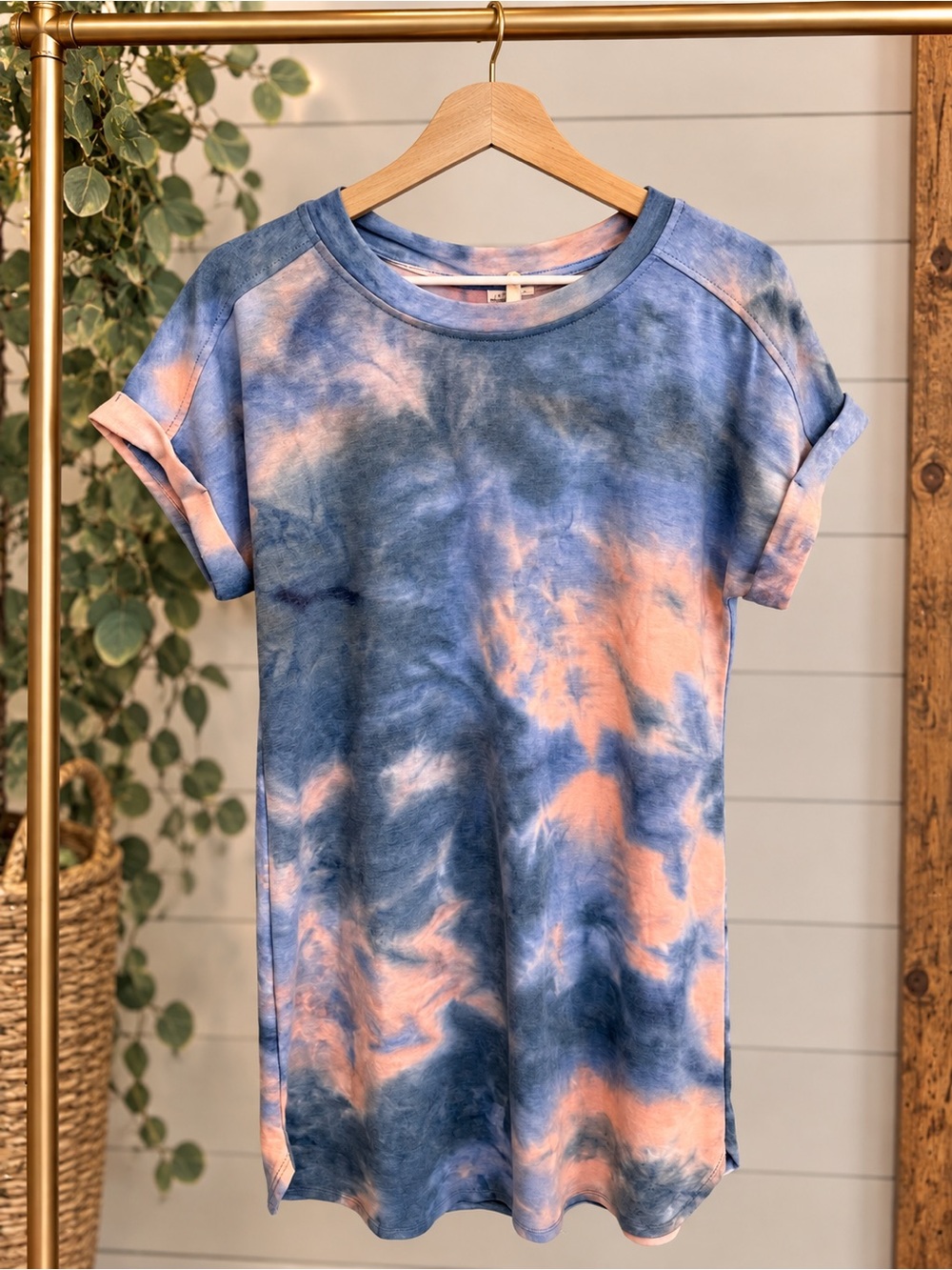 Tie-Dye Midi Dress in Blue & Peach — Casual Short Sleeve